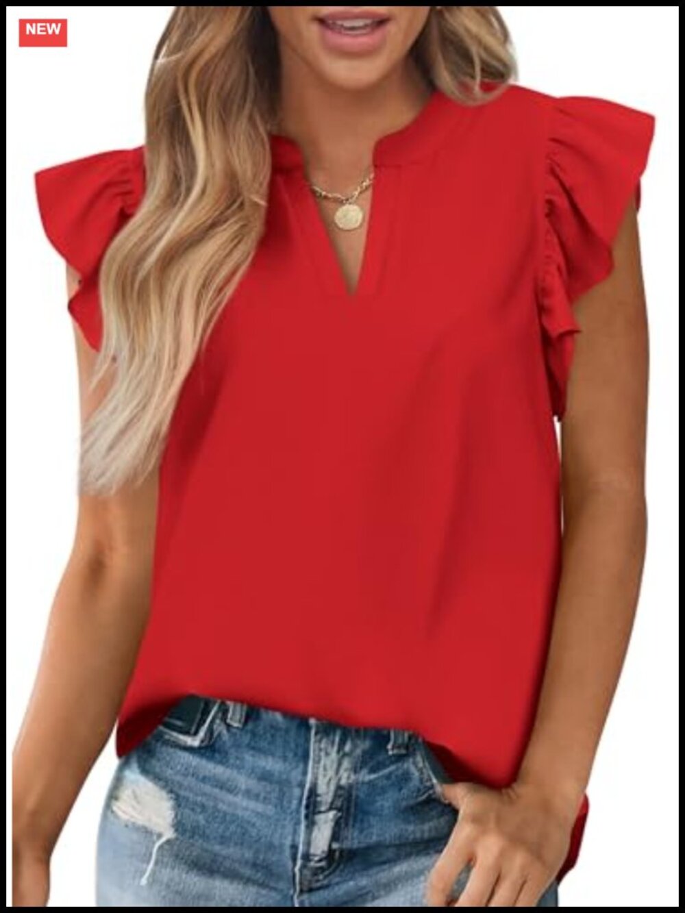 Womens V Neck Ruffle Cap Sleeve Blouse Loose Fit Tunic Top Casual